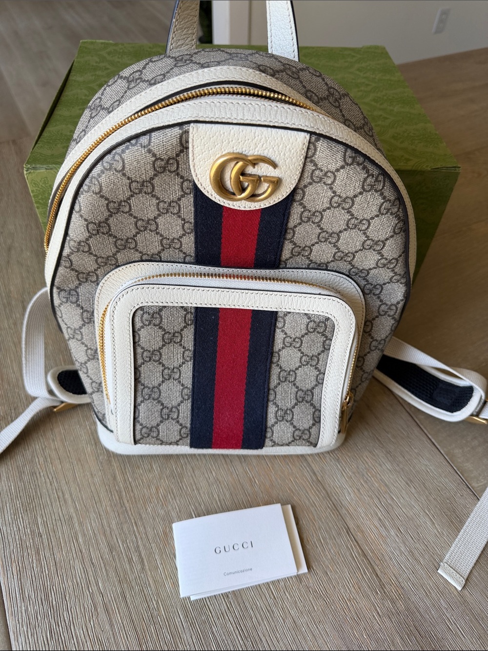 Gucci Beige GG Supreme Backpack with Red & Navy Web